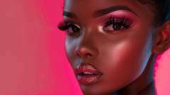 Black Woman Face with Long Fake Eyelashes and Professional Make Up. Close-up Eyeshadow and Hair. Fashion Model. Big Lips