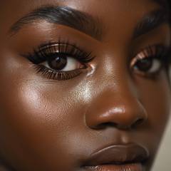 close up of a dark skinned black woman wearing voluminous false eyelash extensions